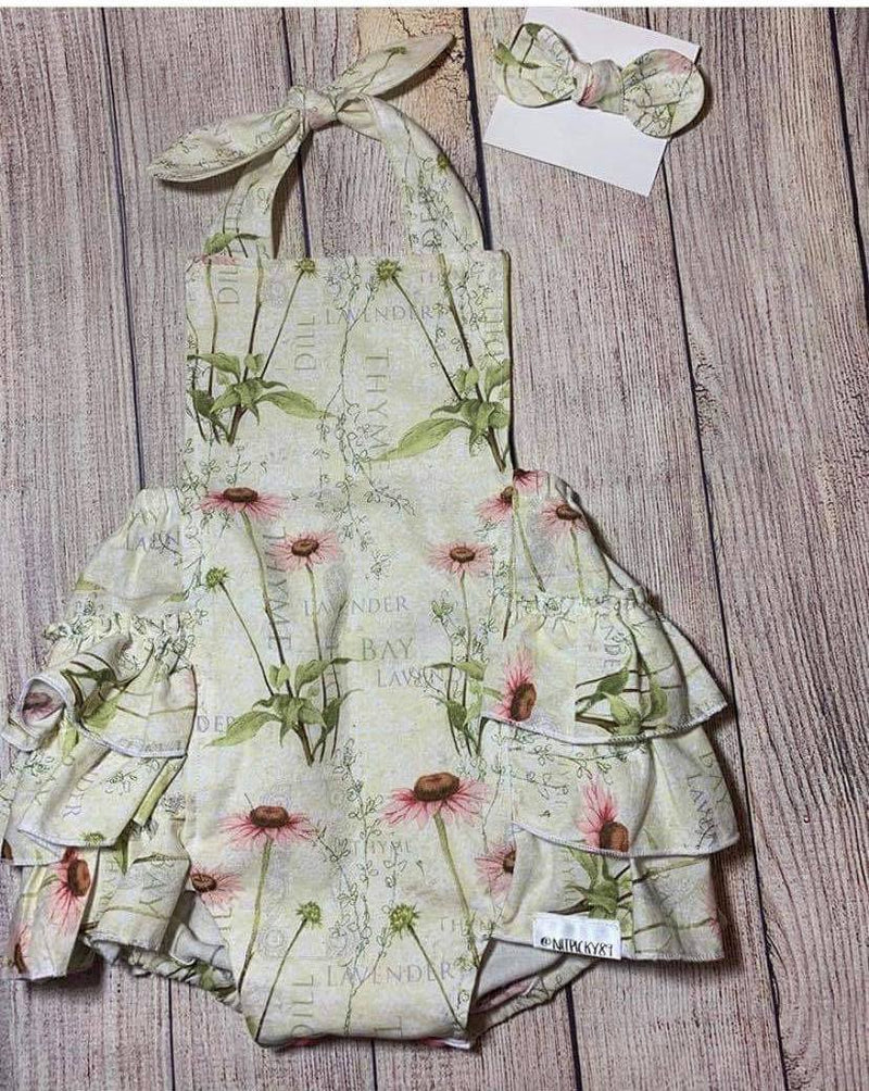 Vintage Girls Floral Romper Playsuit- Bubble Suit-Yellow and Pink Floral - Ruffle Butt-