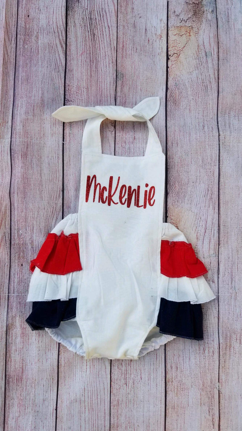 4th of July Romper- baby 4th of july outfit - Baby Sunsuit - Bubble Romper - Ruffle Bottom - Girls 4th of July Outfit- Flag